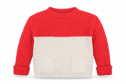 Front view of Young Dimension girls’ beige round neck colourblock acrylic jumper, size 10-11, years