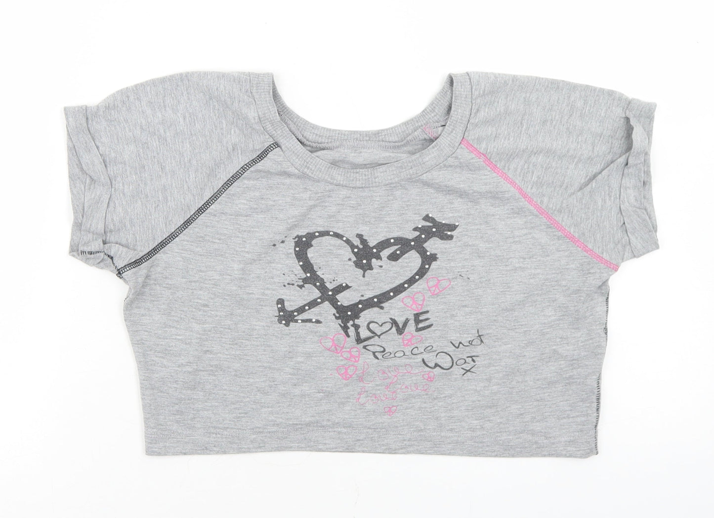Dunnes Stores Girls Grey  Polyester Cropped T-Shirt Size 10 Years Crew Neck  - Love