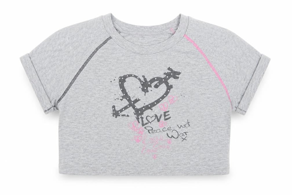 Front view of Dunnes girls’ grey polyester cropped t-shirt, size 10, years crew neck - love