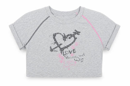 Front view of Dunnes girls’ grey polyester cropped t-shirt, size 10, years crew neck - love