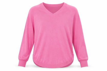 Front view of Gallery women’s pink v-neck acrylic jumper, size S