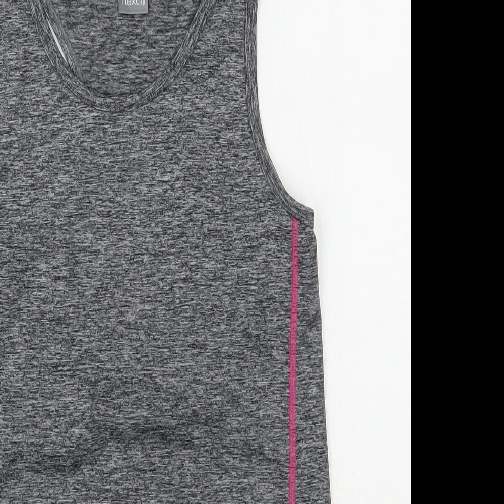 Close-up detail of Next girls’ grey polyester jersey tank, size 9, years scoop neck pullover