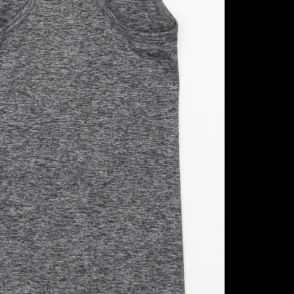 Brand and care label for Next girls’ grey polyester jersey tank, size 9, years scoop neck pullover