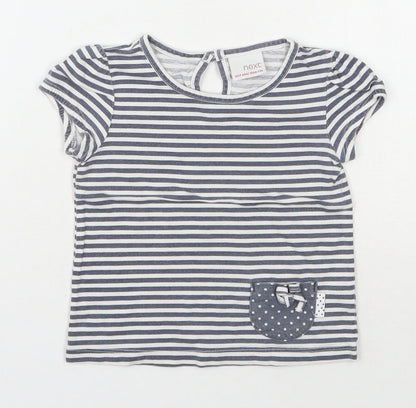 NEXT Girls Grey Striped 100% Cotton Basic T-Shirt Size 12-18 Months Round Neck Pullover