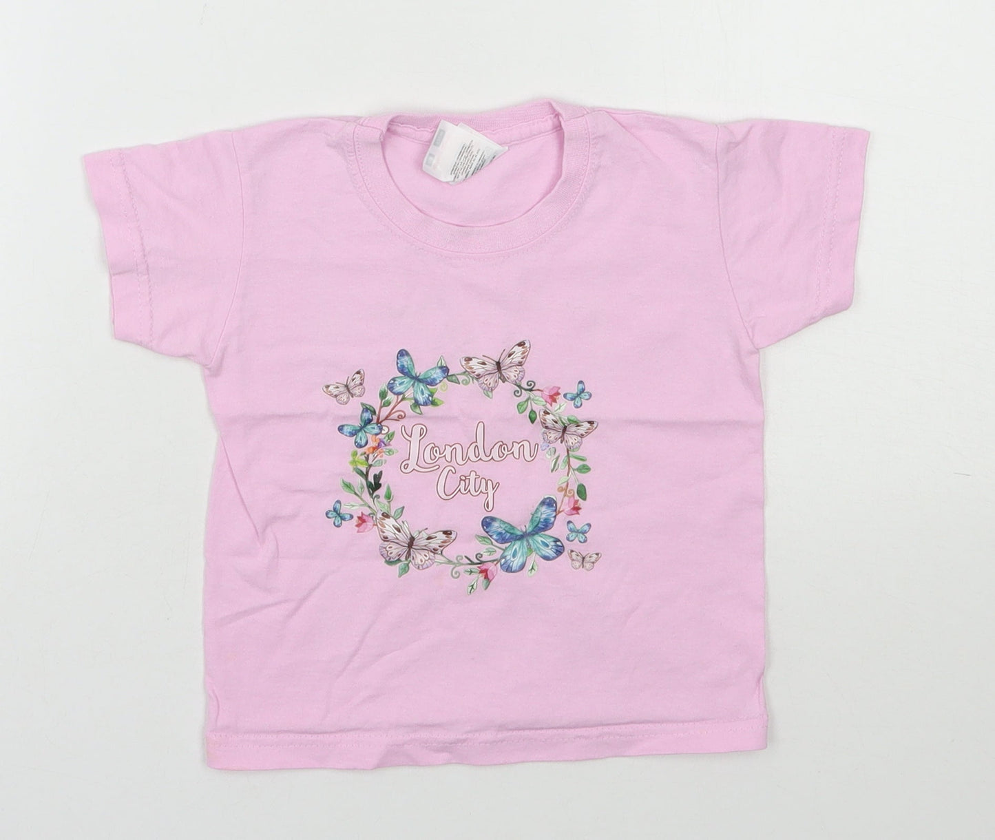 Fruit of the Loom Girls Pink  100% Cotton Basic T-Shirt Size 12-18 Months Round Neck Pullover - London, Butterflies