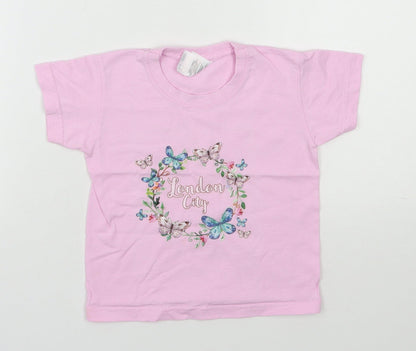Fruit of the Loom Girls Pink  100% Cotton Basic T-Shirt Size 12-18 Months Round Neck Pullover - London, Butterflies