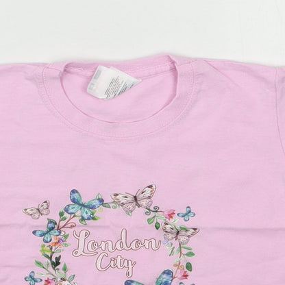 Fruit of the Loom Girls Pink  100% Cotton Basic T-Shirt Size 12-18 Months Round Neck Pullover - London, Butterflies