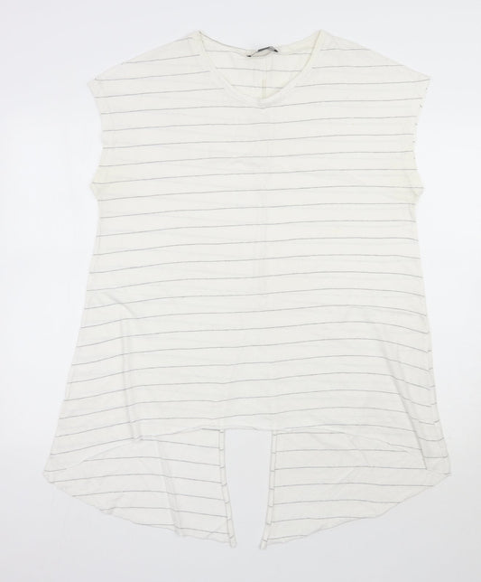 Primark Womens Ivory Striped Polyester Basic T-Shirt Size 14 Scoop Neck