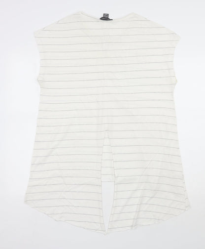 Primark Womens Ivory Striped Polyester Basic T-Shirt Size 14 Scoop Neck