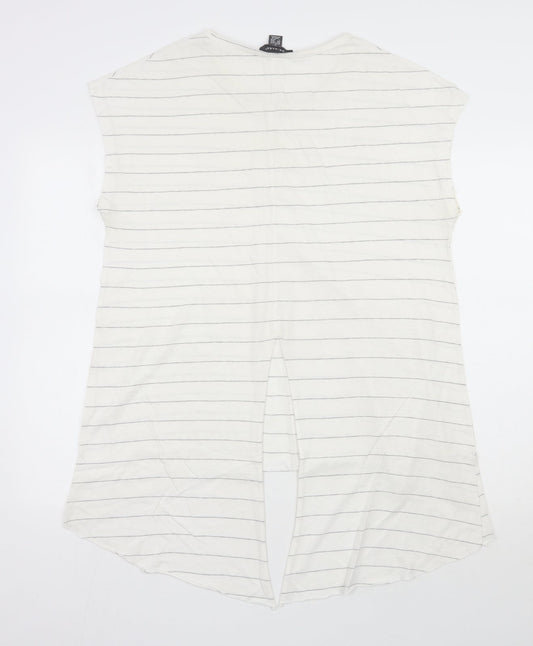 Primark Womens Ivory Striped Polyester Basic T-Shirt Size 14 Scoop Neck