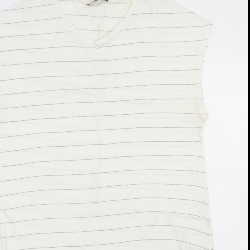 Primark Womens Ivory Striped Polyester Basic T-Shirt Size 14 Scoop Neck