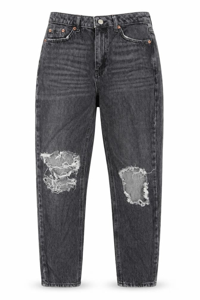 Front view of Topshop women’s black cotton mom jeans, size UK 28, in, 30-inch leg regular zip