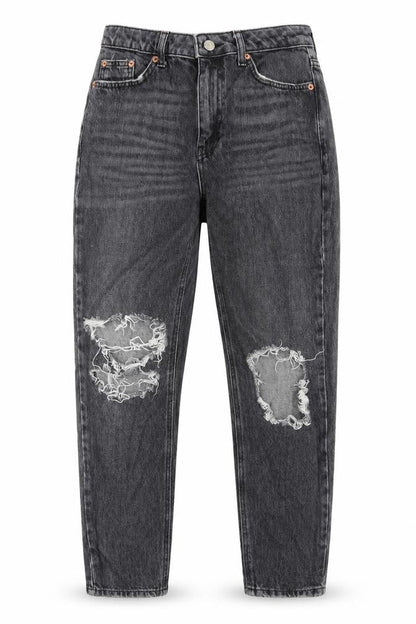 Front view of Topshop women’s black cotton mom jeans, size UK 28, in, 30-inch leg regular zip