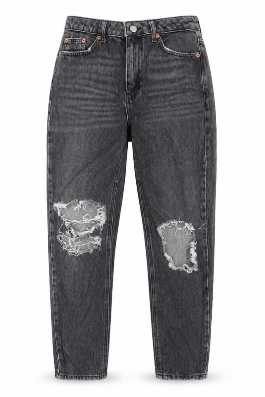 Front view of Topshop women’s black cotton mom jeans, size UK 28, in, 30-inch leg regular zip