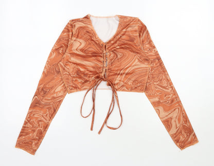 SheIn Womens Orange Geometric Polyester Cropped Blouse Size S V-Neck