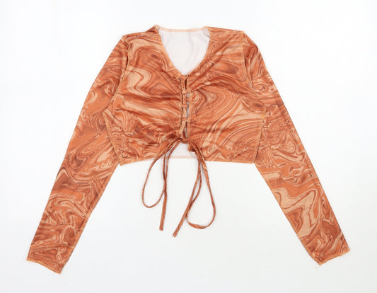 SheIn Womens Orange Geometric Polyester Cropped Blouse Size S V-Neck