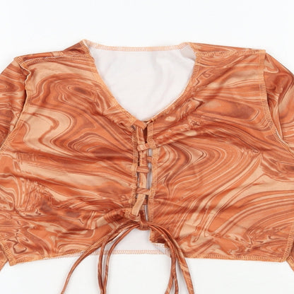 SheIn Womens Orange Geometric Polyester Cropped Blouse Size S V-Neck