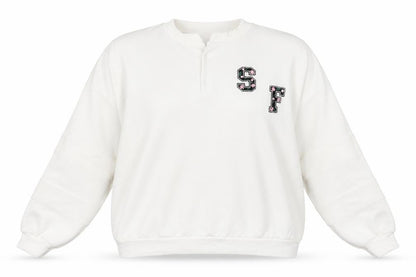 Front view of Suffle women’s white polyester pullover sweatshirt, size L, pullover