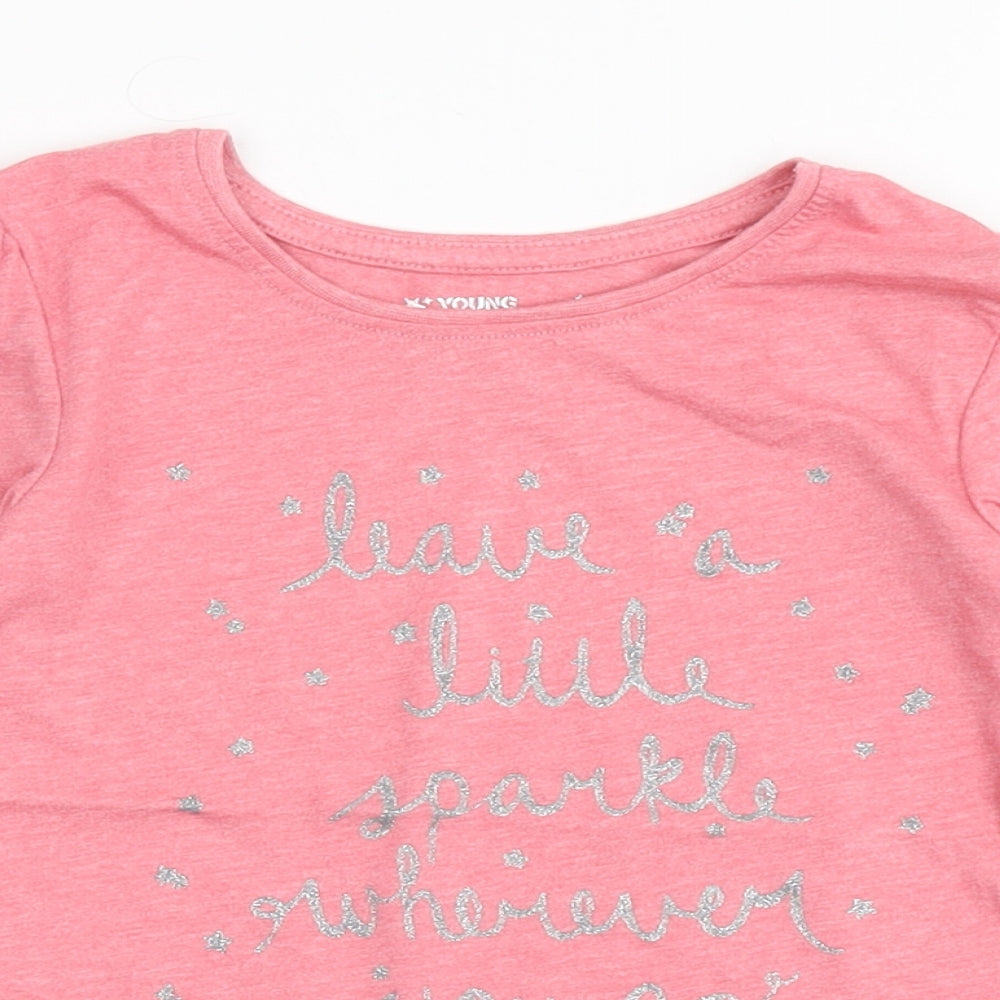 Close-up detail of Young Dimension girls’ pink polyester basic t-shirt, size 5-6, years round neck pullover - sparkle