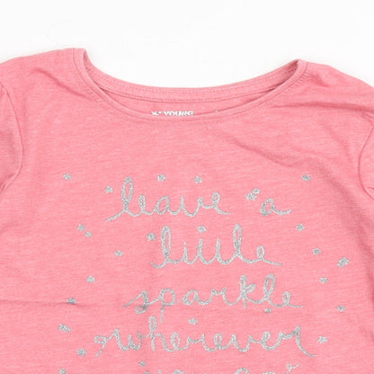 Close-up detail of Young Dimension girls’ pink polyester basic t-shirt, size 5-6, years round neck pullover - sparkle