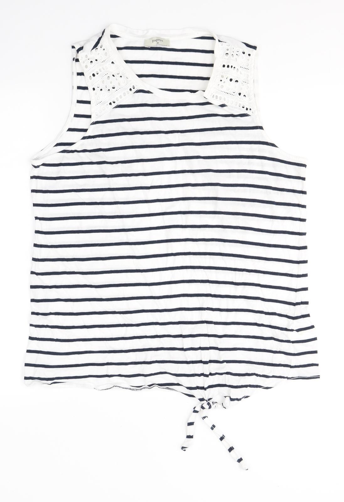 Papaya Womens White Striped Cotton Basic Tank Size 18 Round Neck