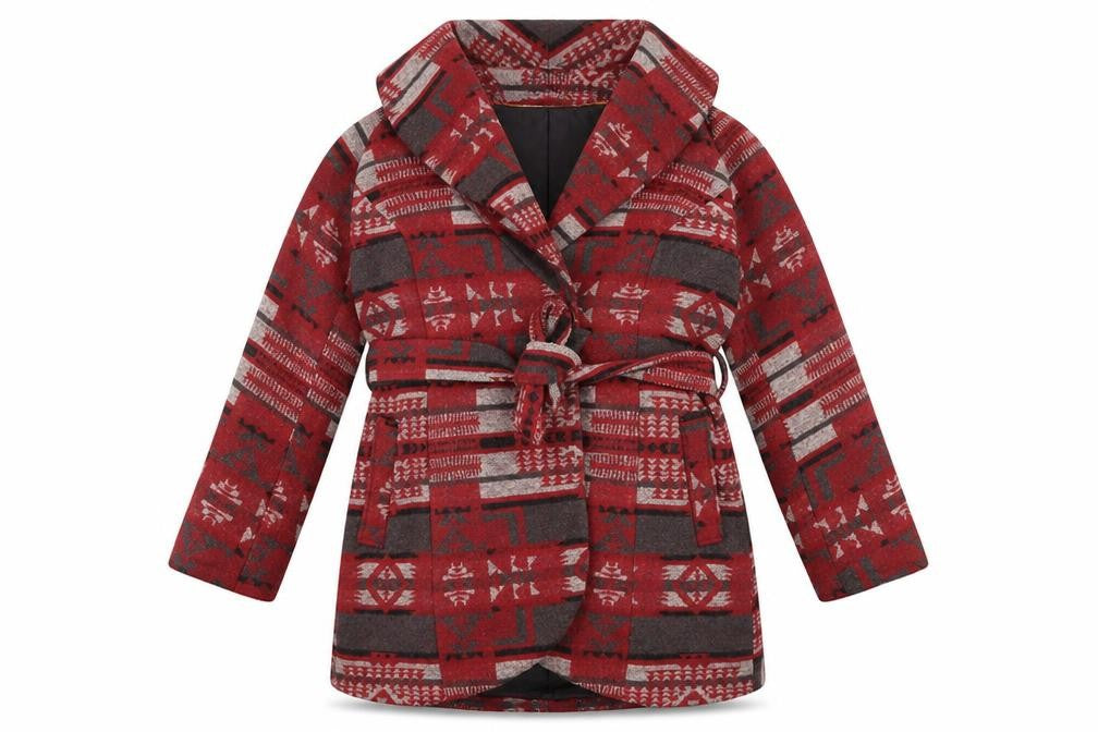 Front view of Miss Real London women’s red geometric overcoat blazer, size UK 14, button