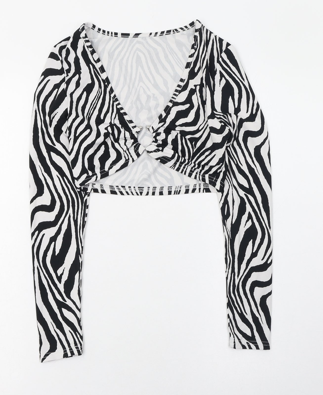 SheIn Womens Black Animal Print Polyester Cropped T-Shirt Size 8 V-Neck