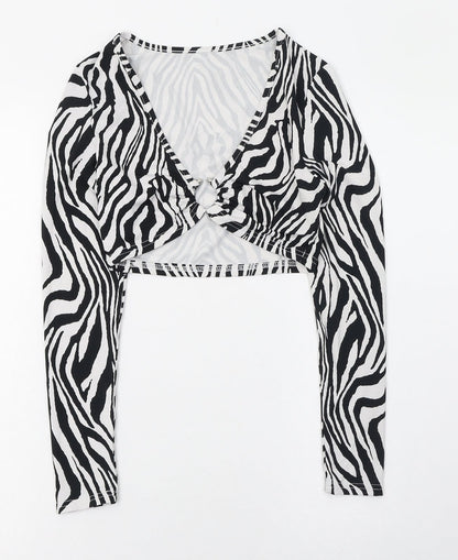 SheIn Womens Black Animal Print Polyester Cropped T-Shirt Size 8 V-Neck