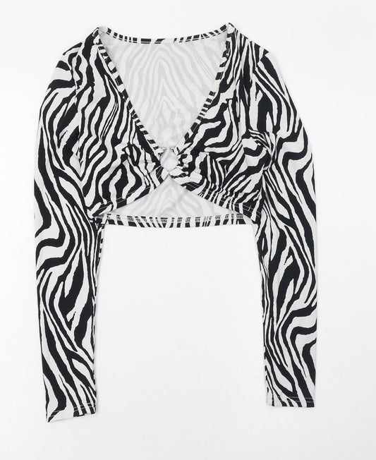 SheIn Womens Black Animal Print Polyester Cropped T-Shirt Size 8 V-Neck