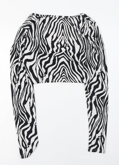 SheIn Womens Black Animal Print Polyester Cropped T-Shirt Size 8 V-Neck