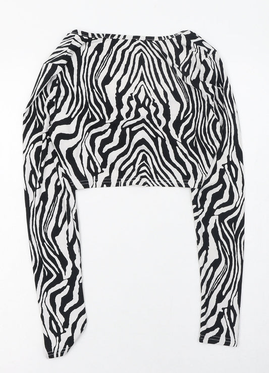 SheIn Womens Black Animal Print Polyester Cropped T-Shirt Size 8 V-Neck