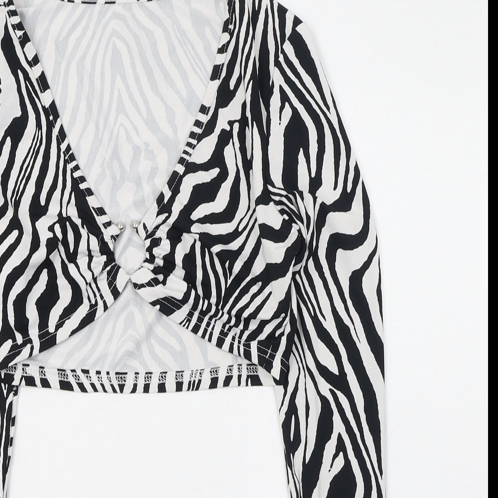 SheIn Womens Black Animal Print Polyester Cropped T-Shirt Size 8 V-Neck