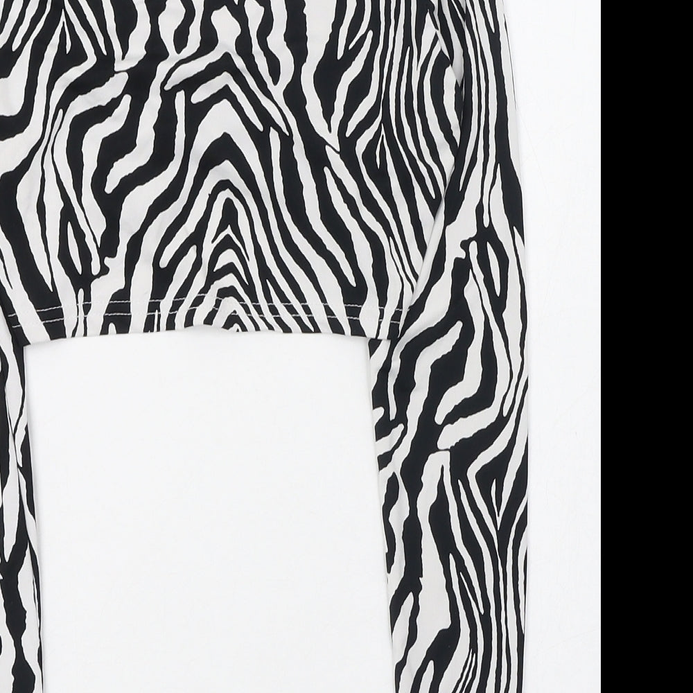 SheIn Womens Black Animal Print Polyester Cropped T-Shirt Size 8 V-Neck