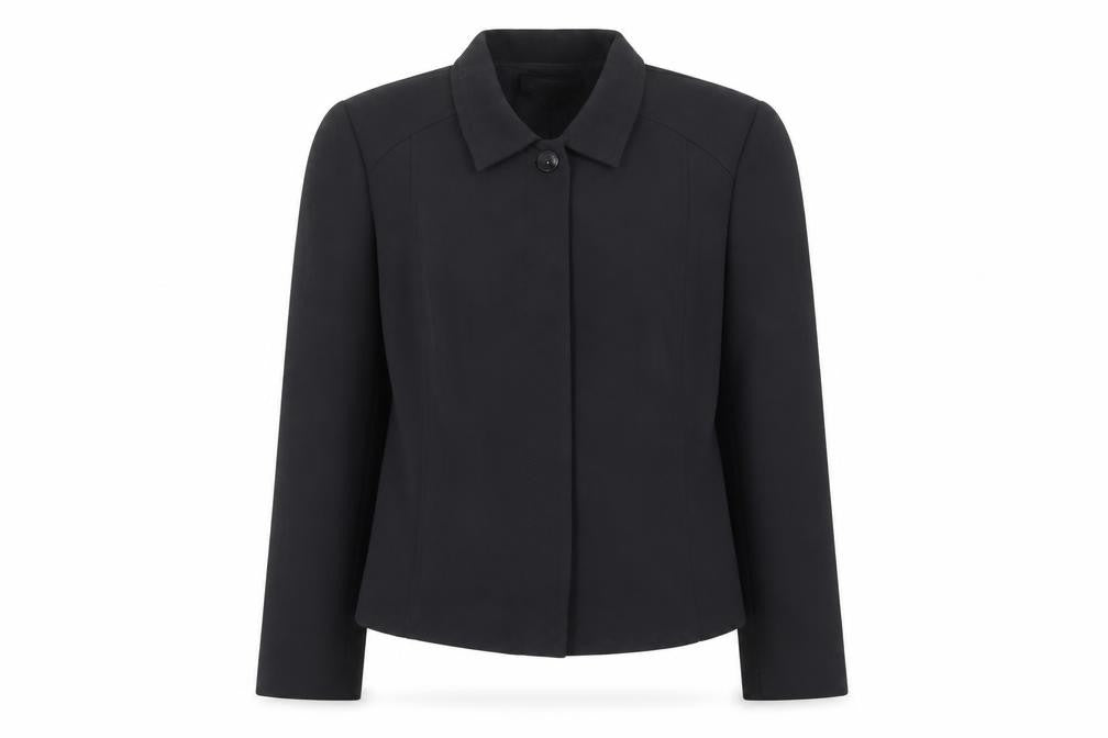 Front view of Maggy London women’s black jacket, size UK 10, button