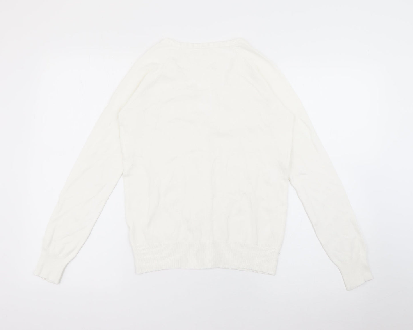 Preworn Womens White V-Neck  Polyester Cardigan Jumper Size M