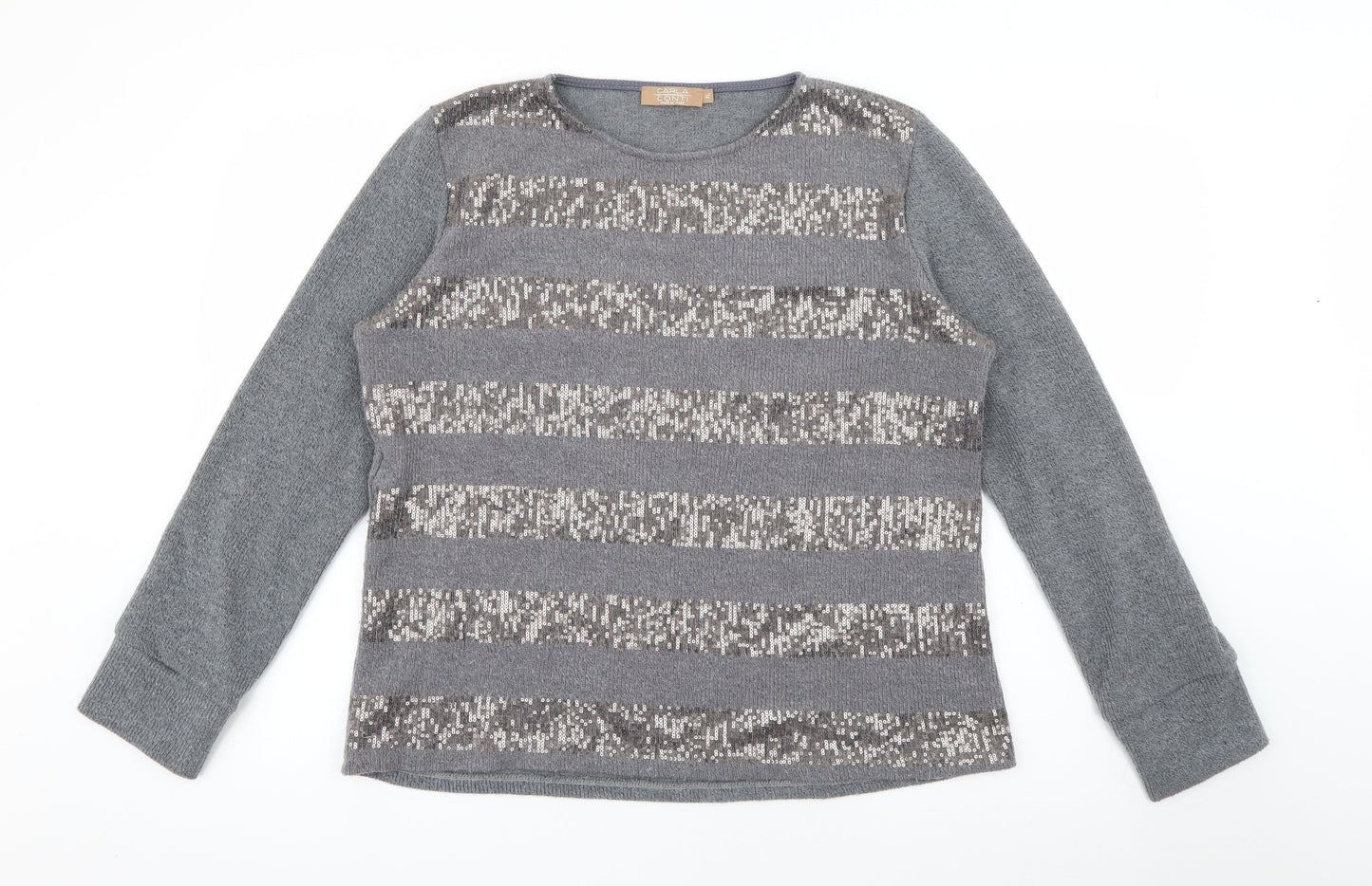 Carla Conti Womens Grey Round Neck Striped Polyester Pullover Jumper Size XL