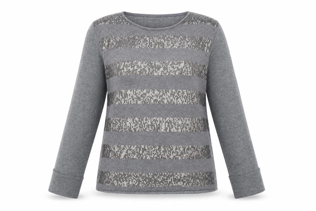 Front view of Carla Conti women’s grey round neck striped polyester jumper, size XL