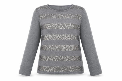 Front view of Carla Conti women’s grey round neck striped polyester jumper, size XL