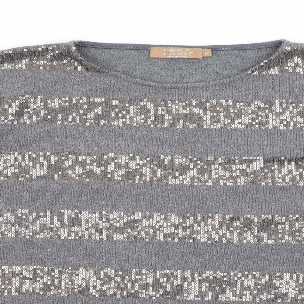 Carla Conti Womens Grey Round Neck Striped Polyester Pullover Jumper Size XL