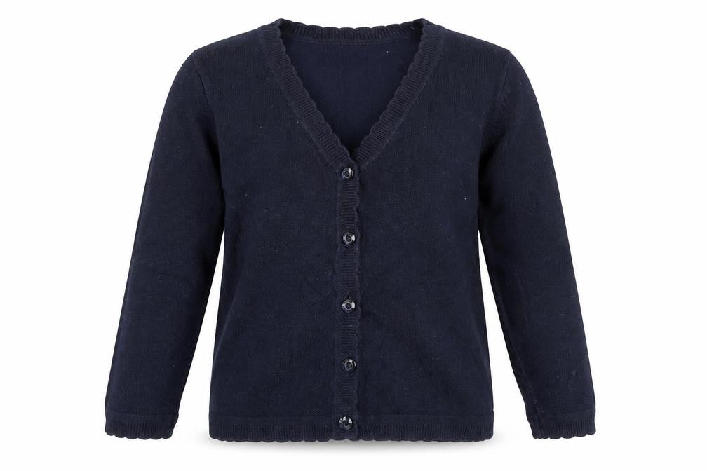 Front view of School Life girls’ blue v-neck cotton cardigan jumper, size 5, years button