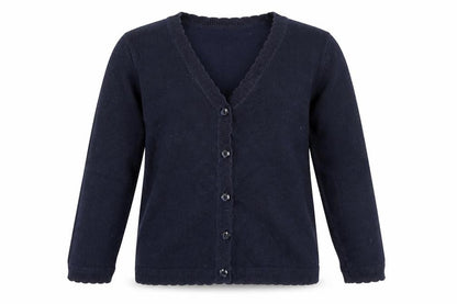 Front view of School Life girls’ blue v-neck cotton cardigan jumper, size 5, years button