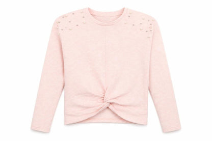 Front view of Matalan girls’ pink crew neck viscose jumper, size 10, years