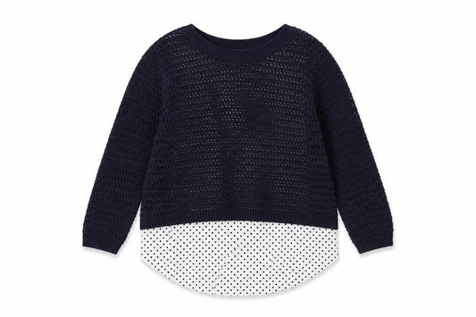 Front view of Tu women’s blue crew neck polka dot cotton jumper, size UK 10