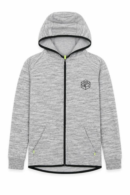 Front view of f7f boys’ grey cotton full zip hoodie, size 9-10, years zip