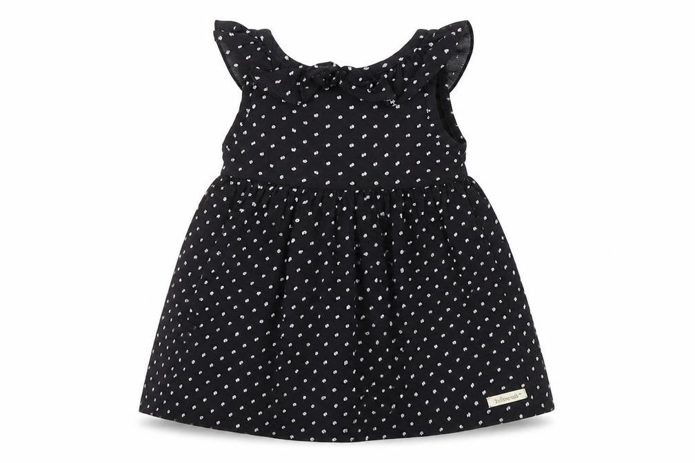 Front view of Yellowsub girls’ black polka dot cotton a-line, size 6-9, months round neck pullover