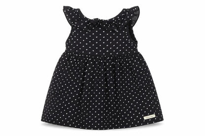 Front view of Yellowsub girls’ black polka dot cotton a-line, size 6-9, months round neck pullover