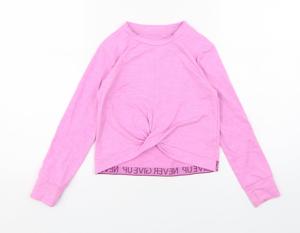 Additional front view of Dunnes girls’ purple polyester basic t-shirt, size 6-7, years round neck pullover