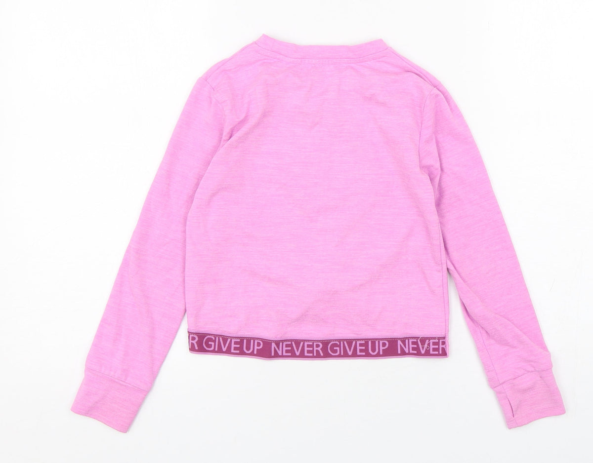 Back view of Dunnes girls’ purple polyester basic t-shirt, size 6-7, years round neck pullover