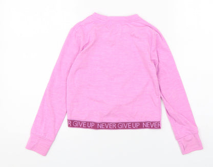 Back view of Dunnes girls’ purple polyester basic t-shirt, size 6-7, years round neck pullover