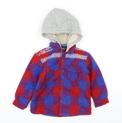 Front view of Next boys’ multicoloured check cotton basic button-up, size 2-3, years v-neck button - shirt with hood